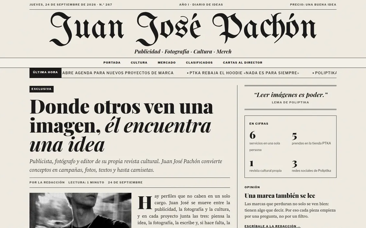 Propuesta B en escritorio: primera página de periódico con cabezote gótico y fotos en semitono